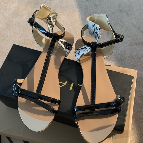 Shoes - Snake Skin Gold Toe Black n White Flat Sandals